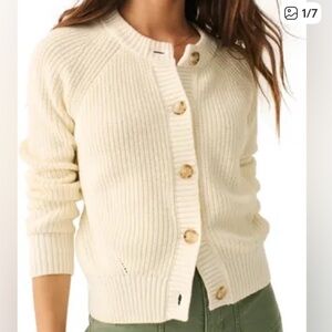 EUC! FAHERTY SUNWASHED ORGANIC COTTON FISHERMAN CARDIGAN.  SIZE LARGE. Cream.